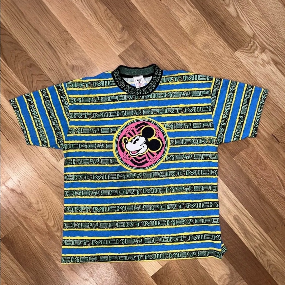 VTG Disney Wear Mickey Sport Striped Shirt Knit Collar Single Stitch Retro 90’s